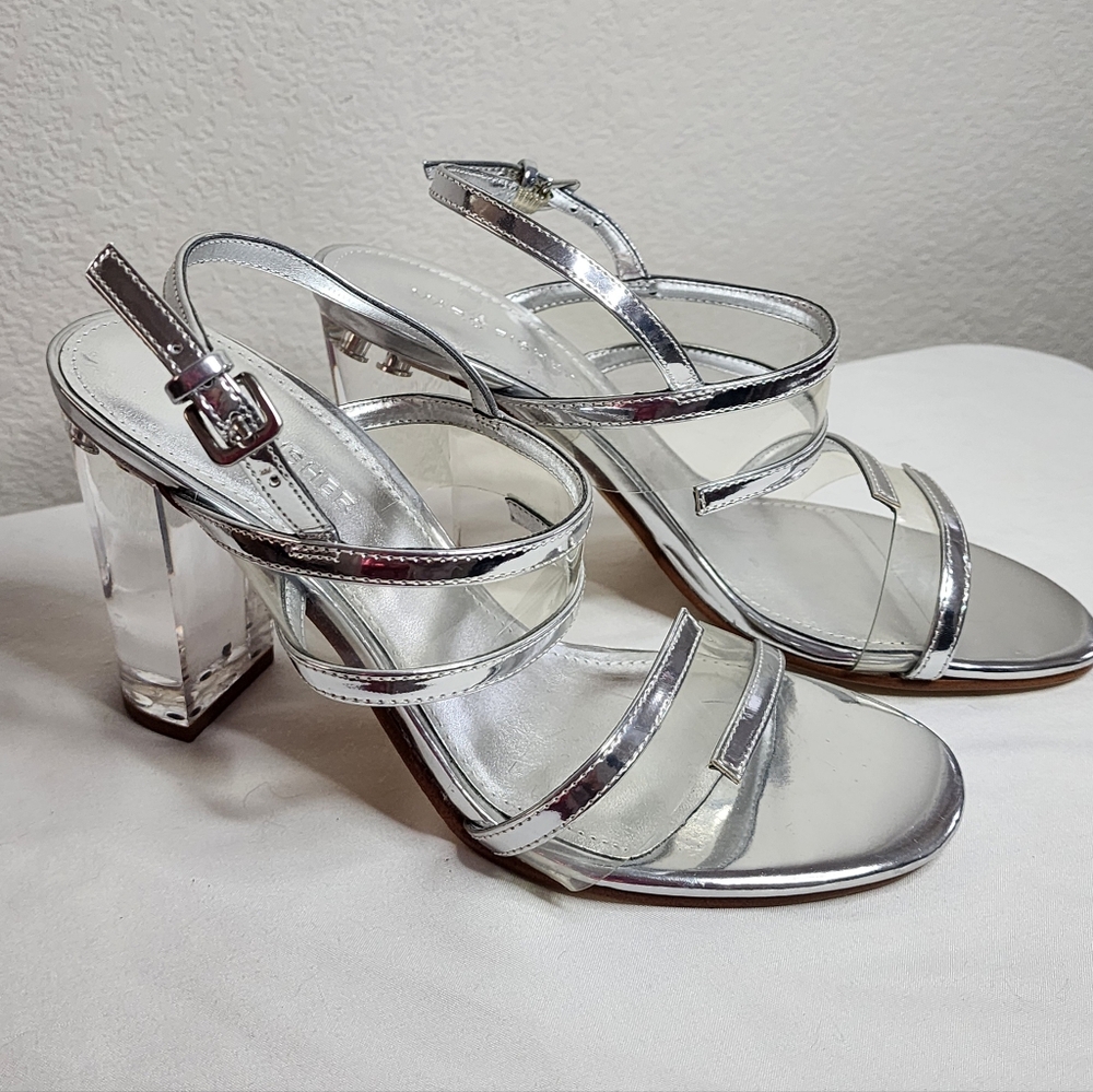 Marc Fisher Metallic Silver Acylic Sandals With Transparent Heel Size 6.5US
